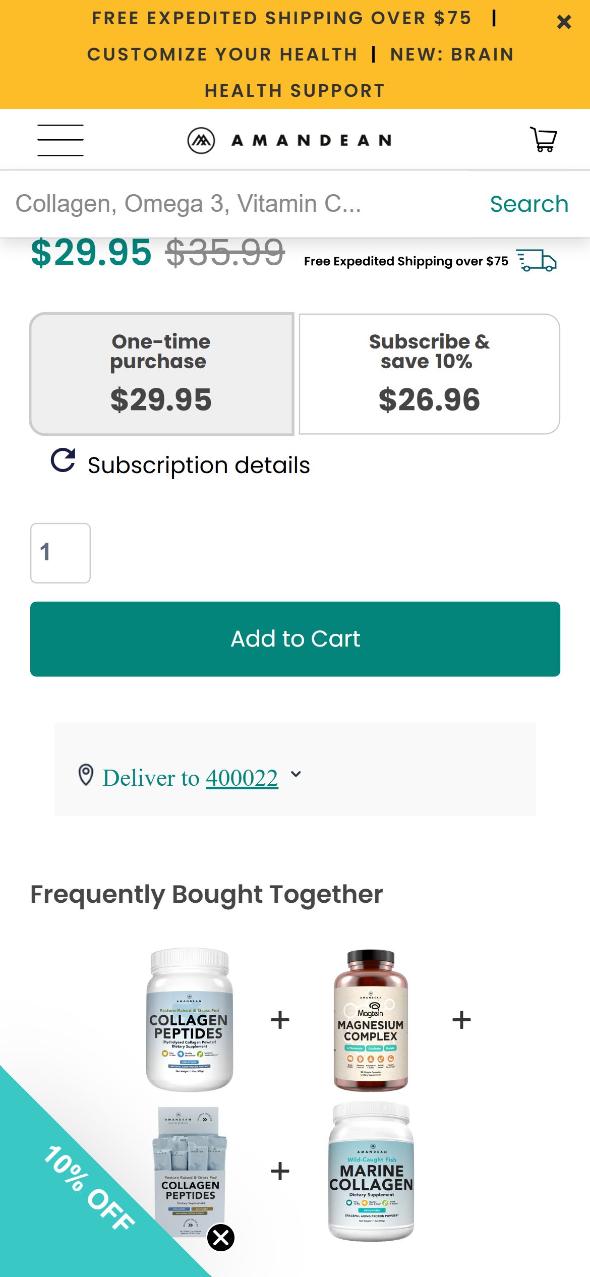 Amandean — 'One-time purchase' is the default selection